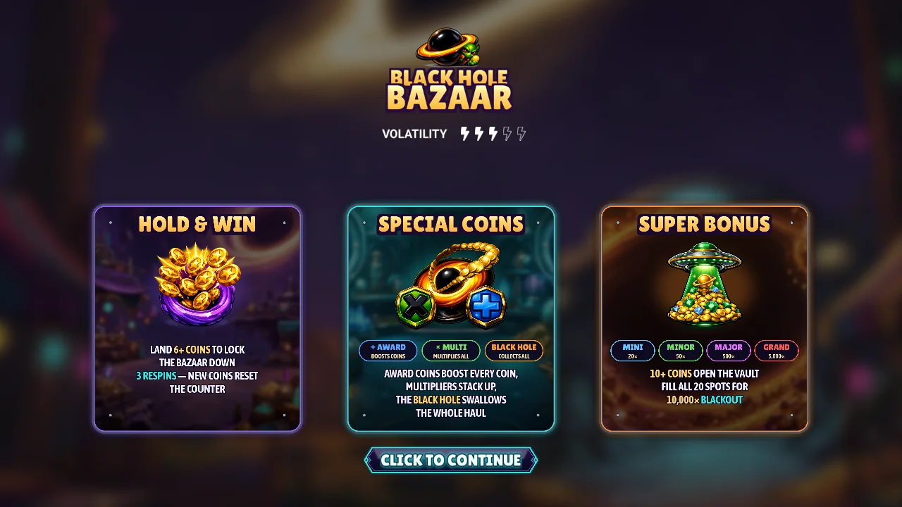 Black Hole Bazaar — intro screen